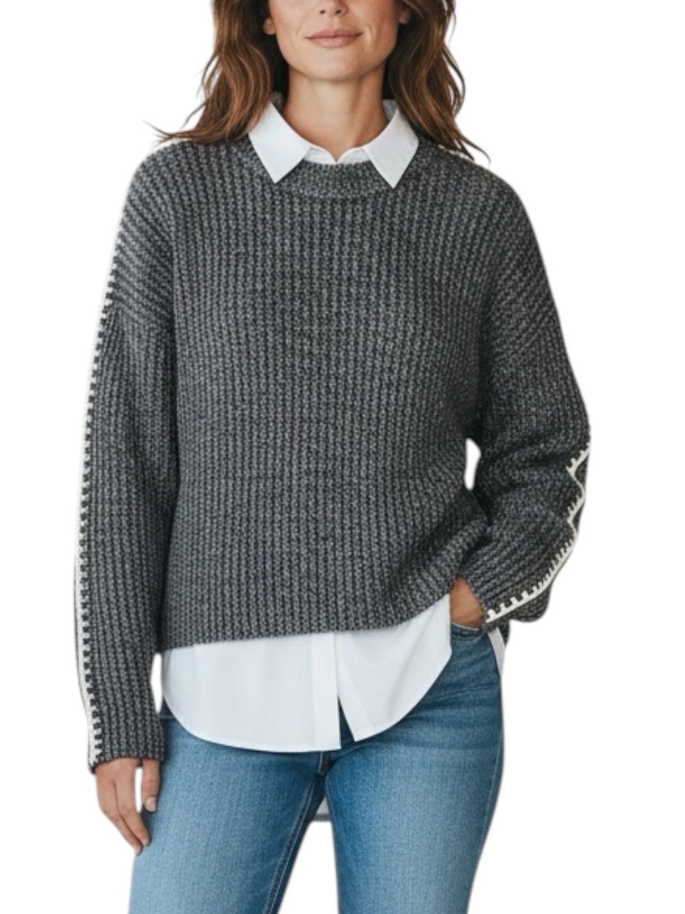 DRAGONFLY Chunky Knit Classic Crewneck Sweater in Gray w/ White Stitch Arm MED